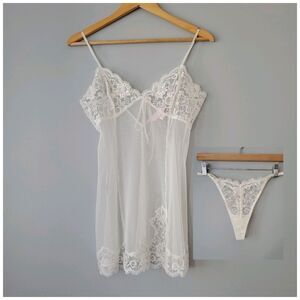 Victoria's Secret White Mesh Lace Sequin Y2K Babydoll Camisole & Panty Set MED